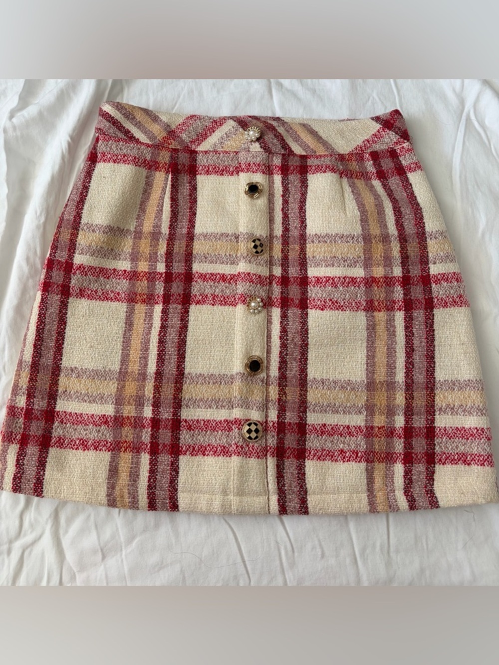 Anthropologie Sister Jane Cream Plaid Mini Skirt with Red Stripes Fun Buttons - Picture 2 of 6